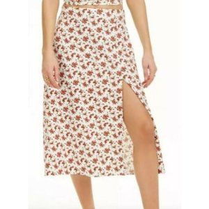 Danielle Bertnstein White & Red Floral Slip Midi Skirt with Side Slit Women